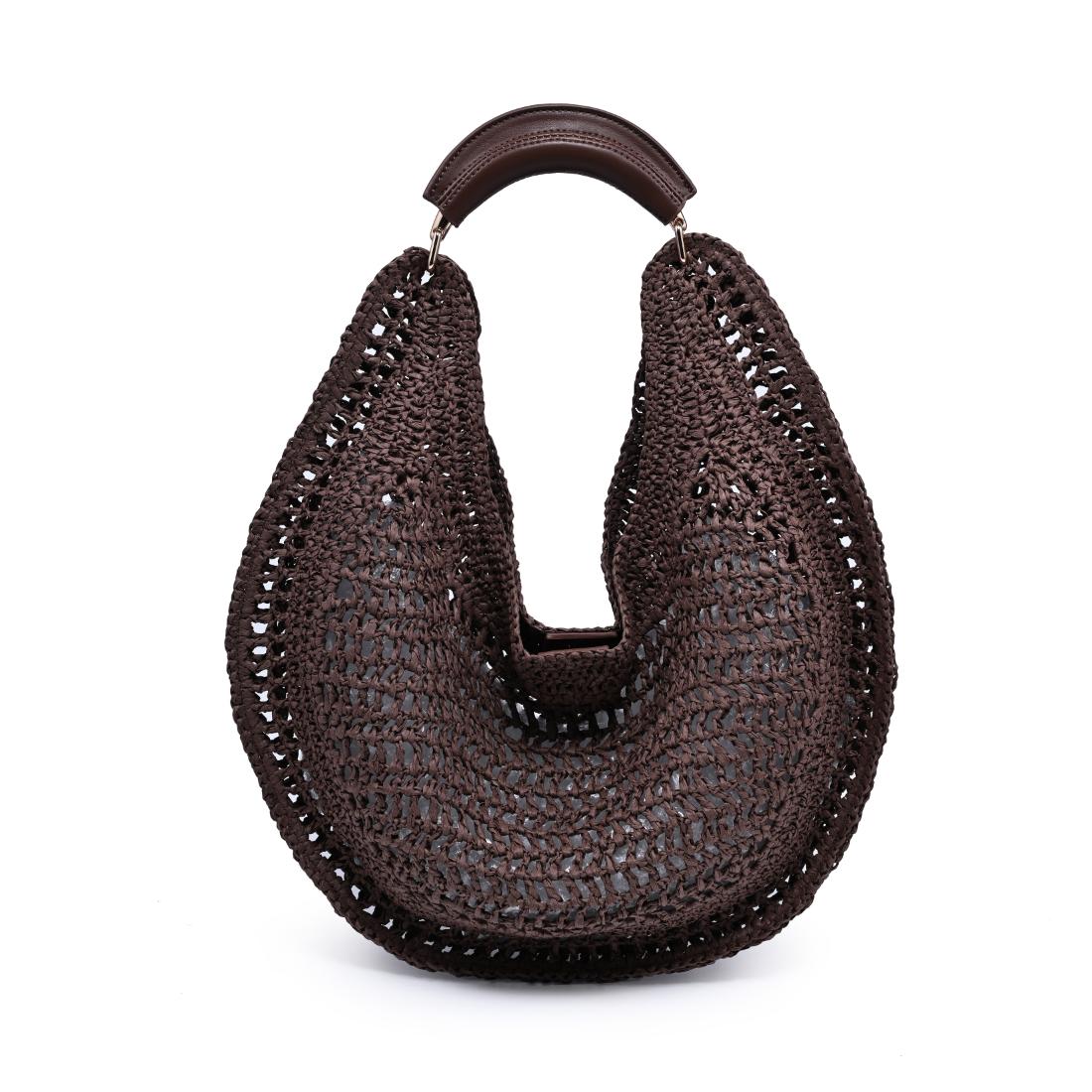 Crochet-woven crescent handbag with a padded top handle