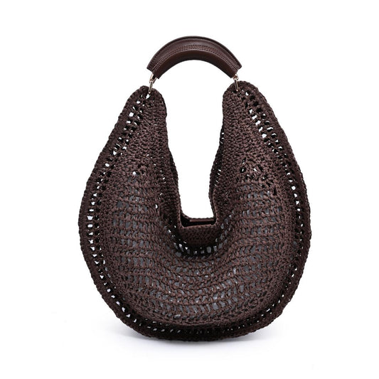 Crochet-woven crescent handbag with a padded top handle