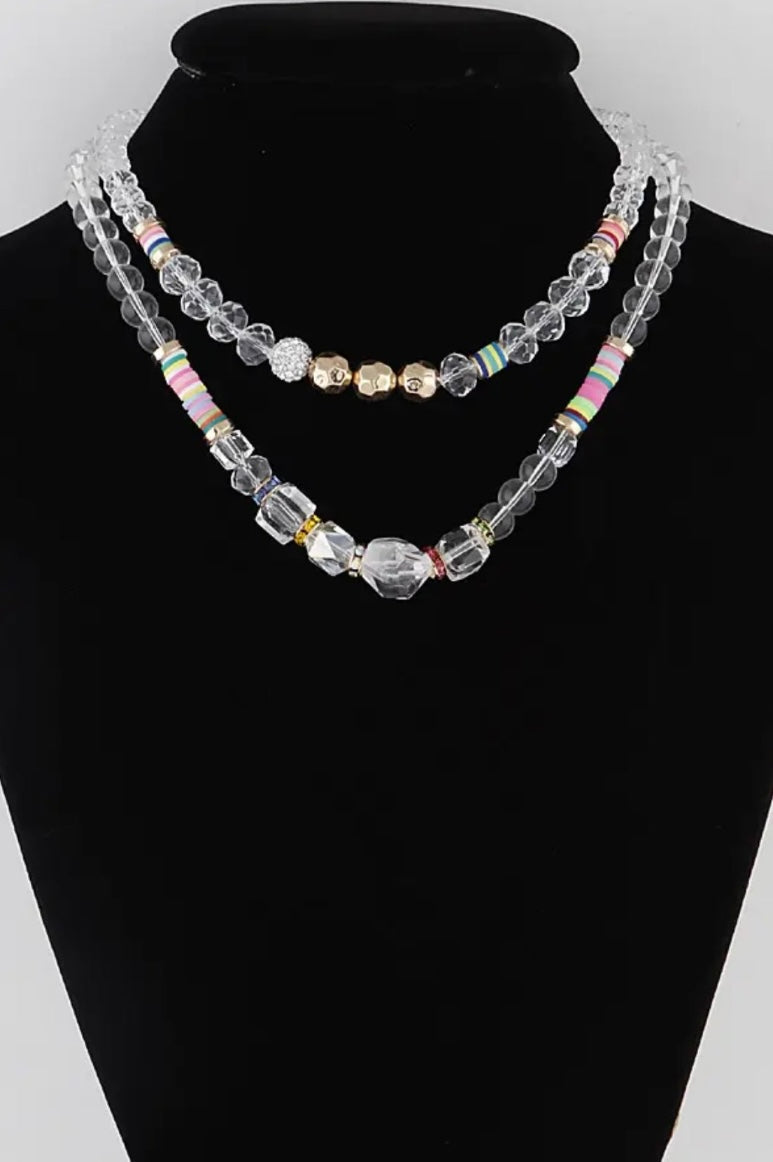 Clear Crystal Bead Necklace with Pops of Gold & Vibrant Colors