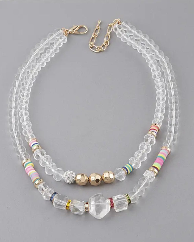 Clear Crystal Bead Necklace with Pops of Gold & Vibrant Colors