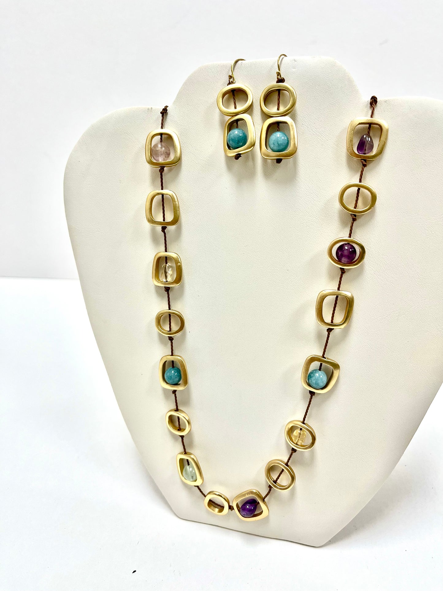 Natural Gemstone Brushed Gold Necklace Set