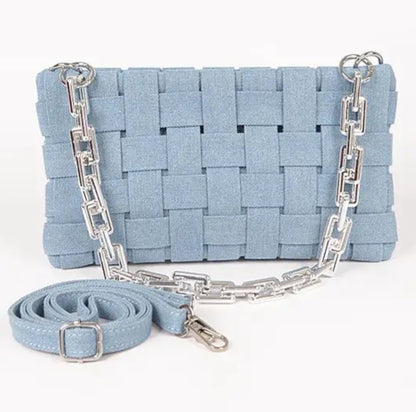 Blue Woven Denim Clutch Handbag