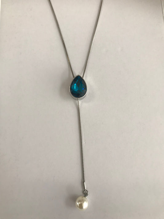 Silver Lariat Necklace Adjustable Pendant Blue Stone Center.