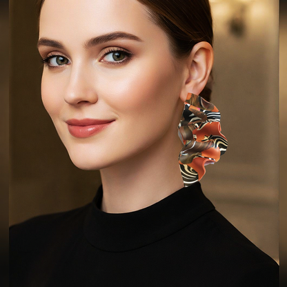 Sculptural Marbled Polymer Clay Statement Earring – Burnt Orange &amp; Zebra Swirl