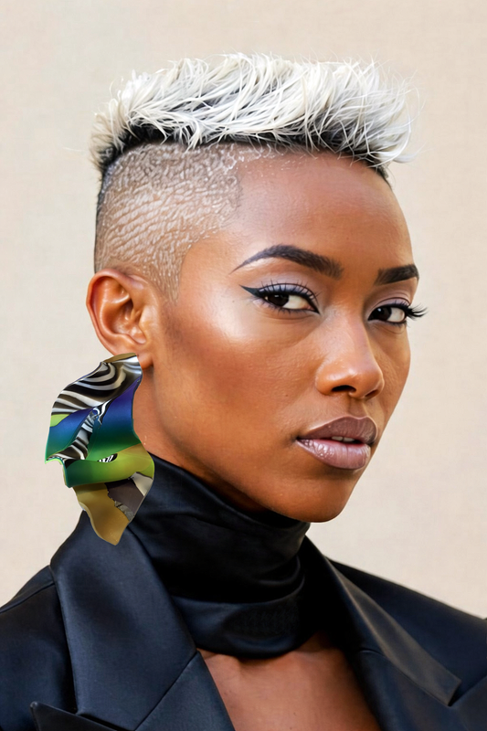 Abstract Sculptural Polyner Clay Statement Earring – Emerald Blue Zebra Flow