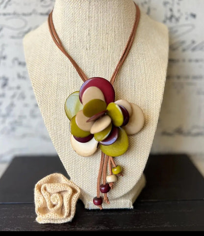 Tagua Adjustable Necklace in Brown, Green & Ivory | Vegan “Ivory” Floral Pendant