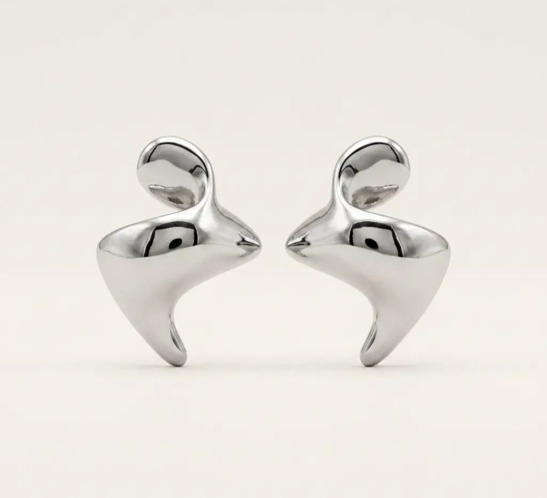 Rhodium Abstract Sculptural Fluid Stud Earrings