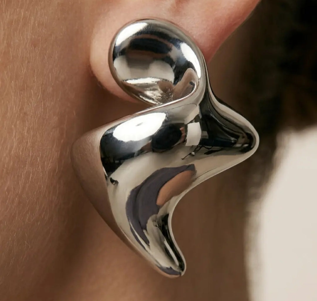 Rhodium Abstract Sculptural Fluid Stud Earrings