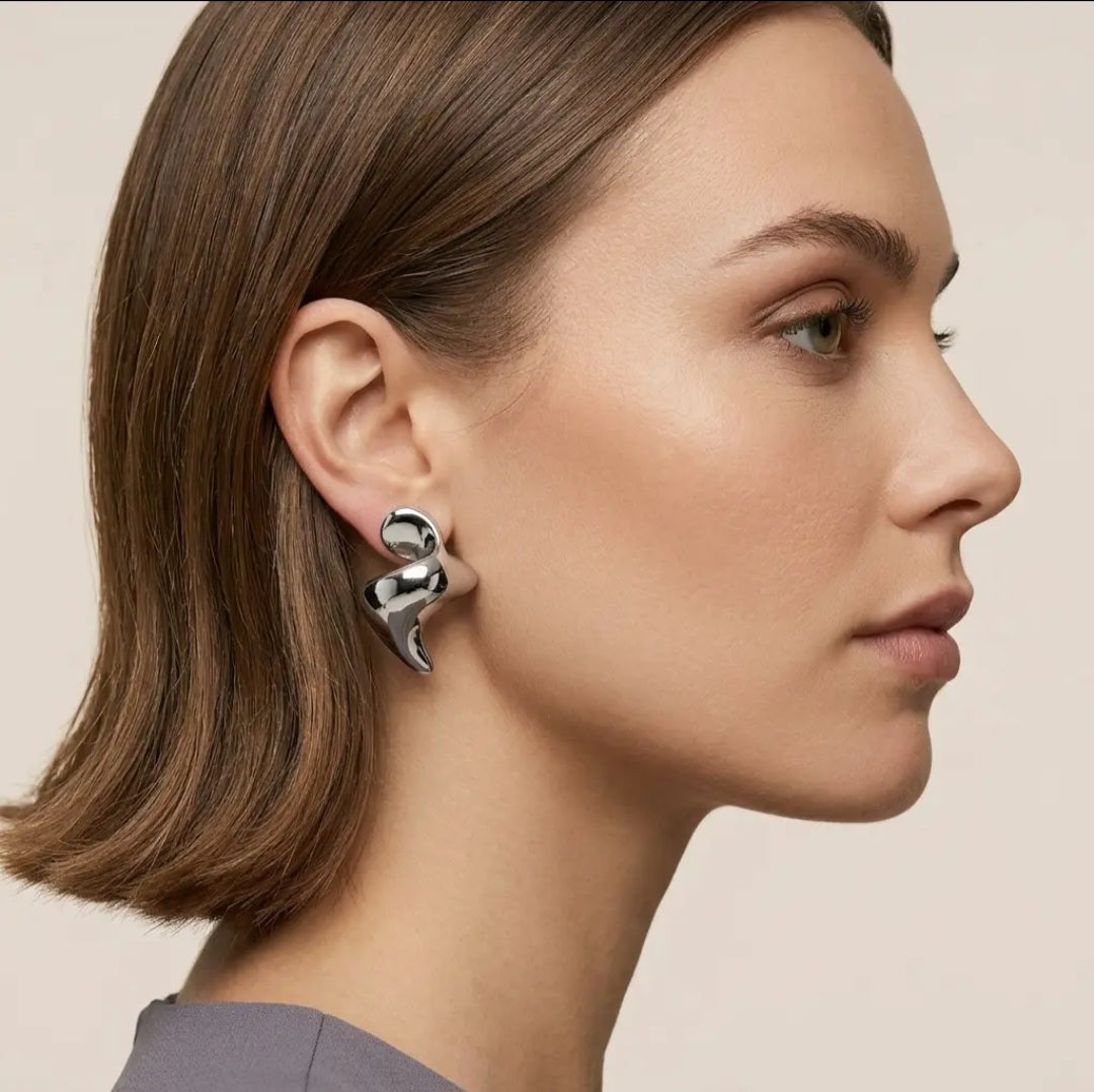 Rhodium Abstract Sculptural Fluid Stud Earrings
