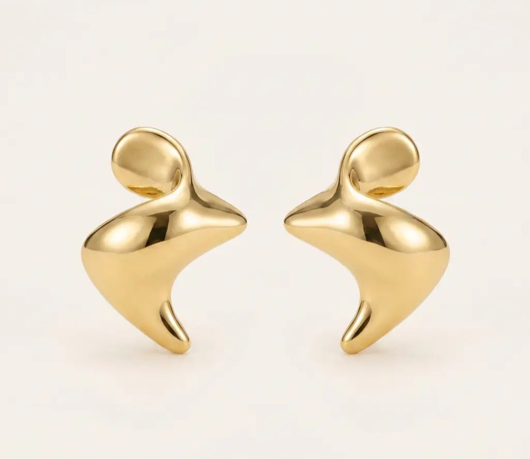 14 Karat Gold Dipped Sculptural Abstract Fluid Stud Earrings