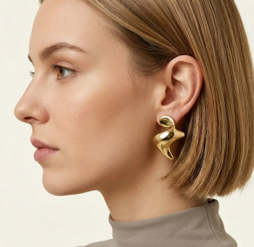 14 Karat Gold Dipped Sculptural Abstract Fluid Stud Earrings