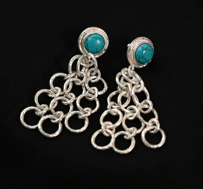 Turquoise Silver Plated Long Artisanal Lightweight Dangle Earrings
