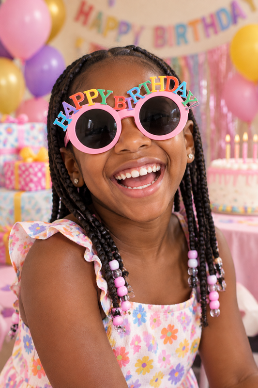 Black 8-year-old girl with braids wearing the exact pink Happy Birthday sunglasses at a party
