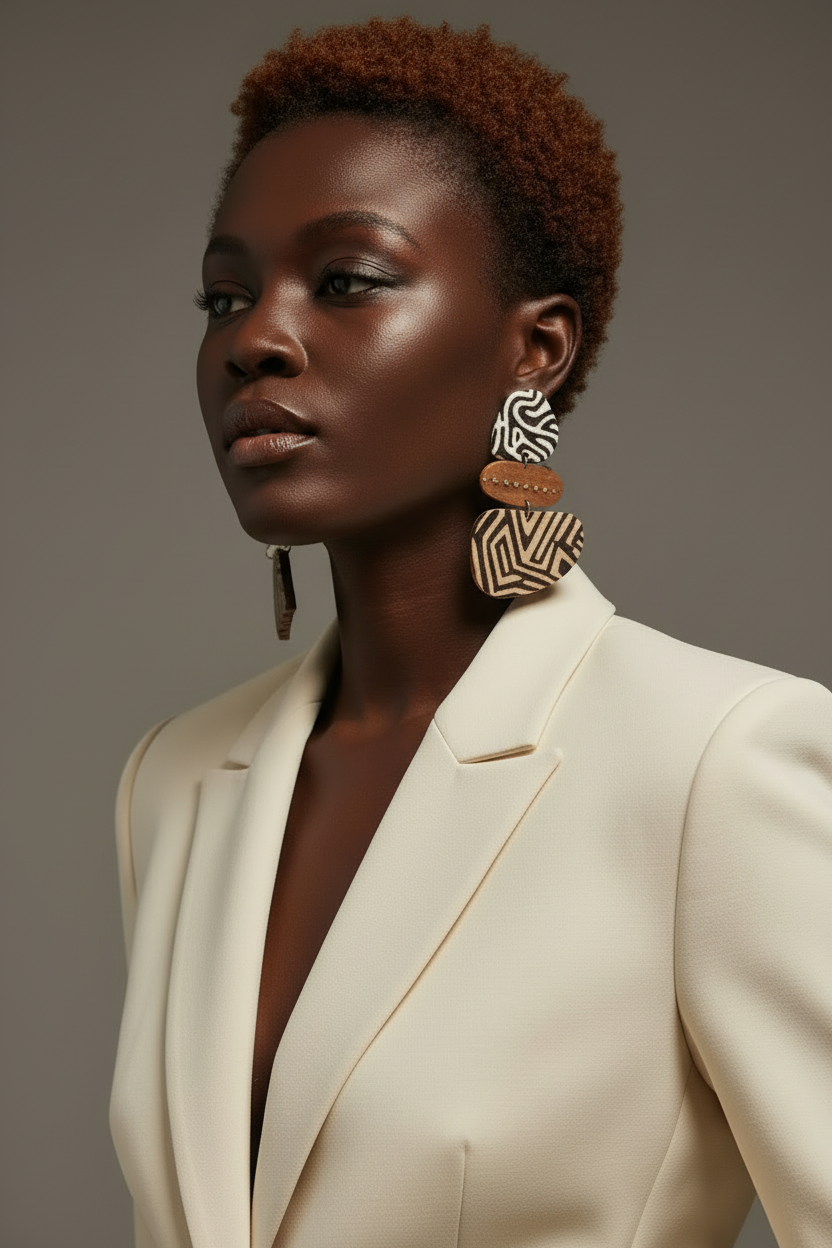 Black model in a cream pantsuit, close mid shot, wearing the Nexus tribal-inspired earrings