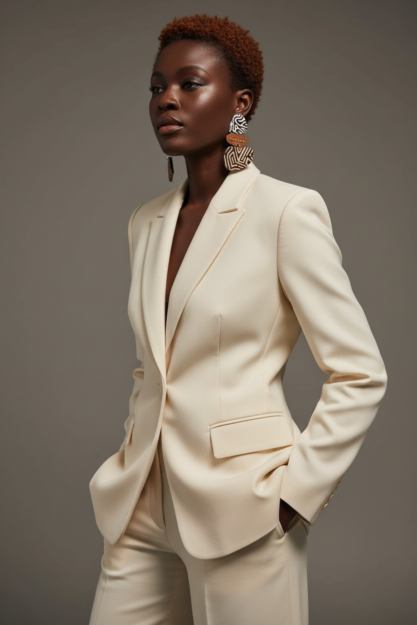 Black model in a cream pantsuit with blazer wearing the Nexus tribal-inspired mismatched earrings