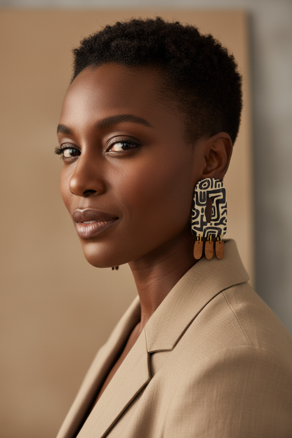 Black model with short pixie haircut wearing the Dane fan and zebra drop earrings