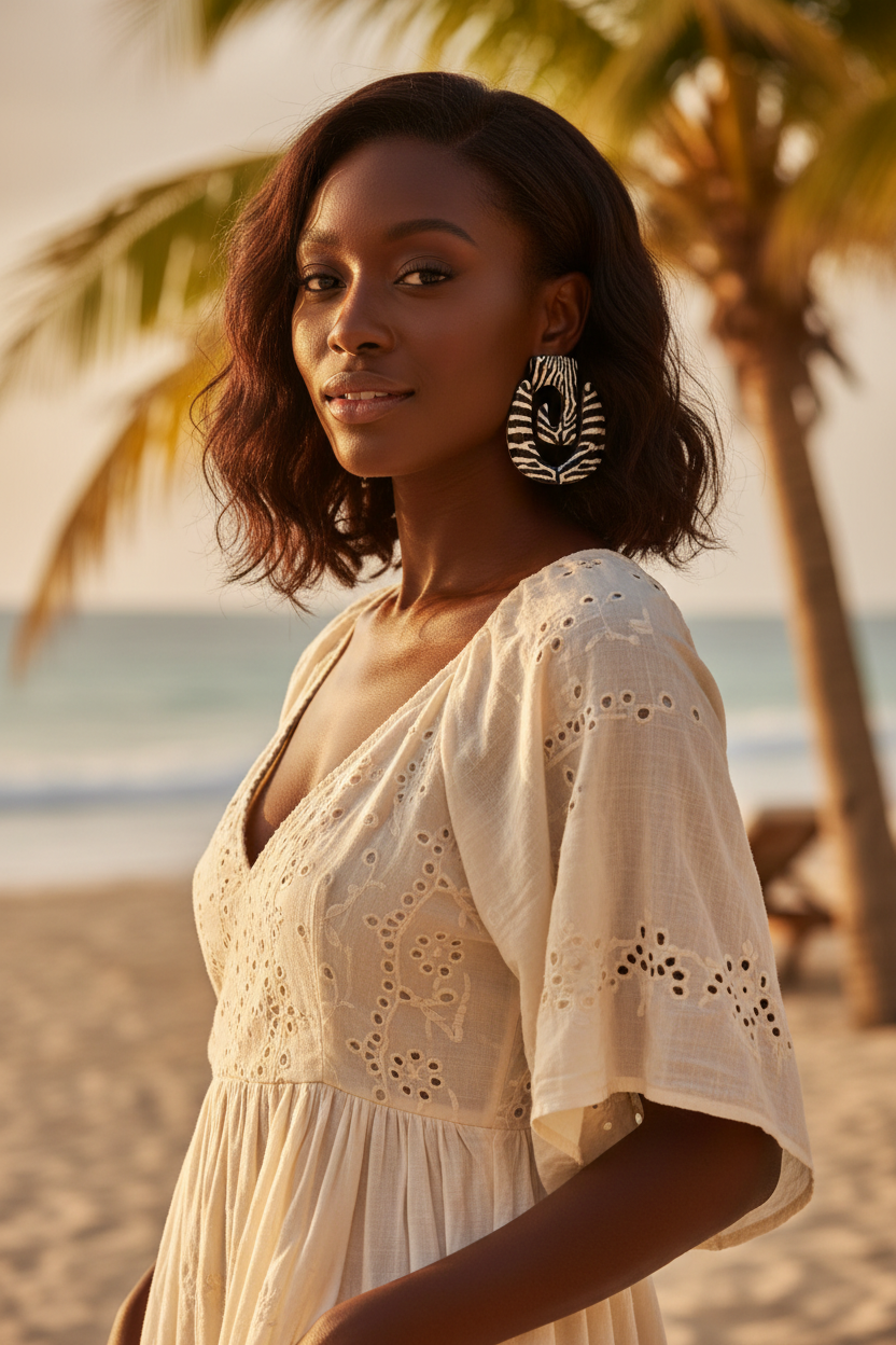 Black model with shoulder-length beach waves in vacation attire wearing the Nala zebra print statement earrings