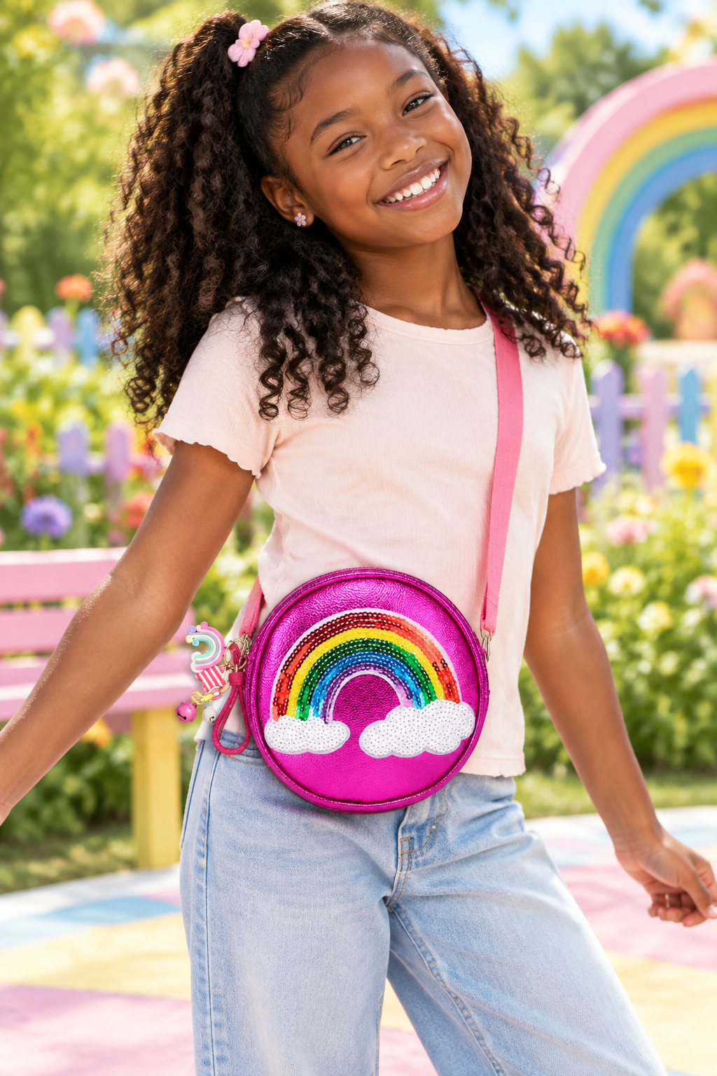 Black preteen having fun with the pink sequin rainbow crossbody bag
