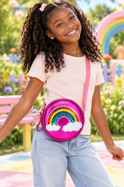 Black preteen having fun with the pink sequin rainbow crossbody bag