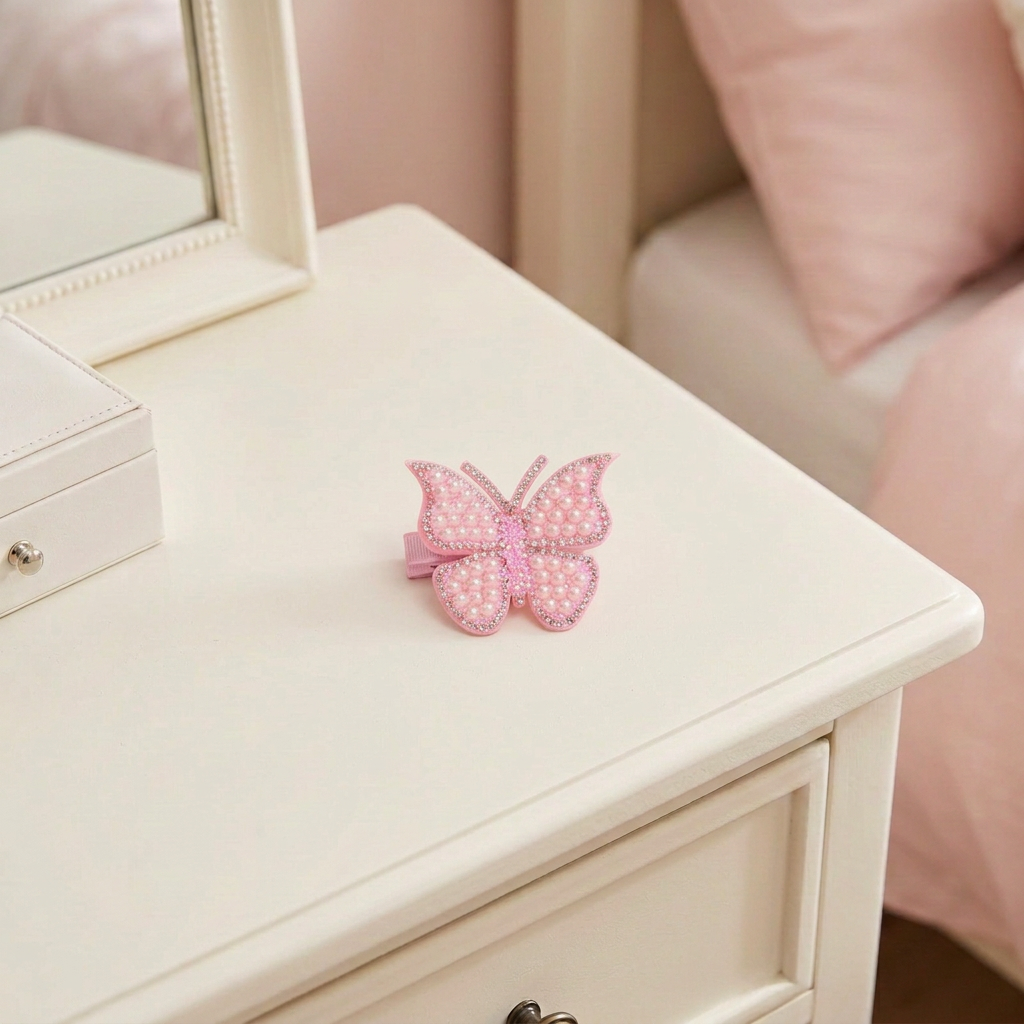 Butterfly clip resized smaller on the same ivory dresser