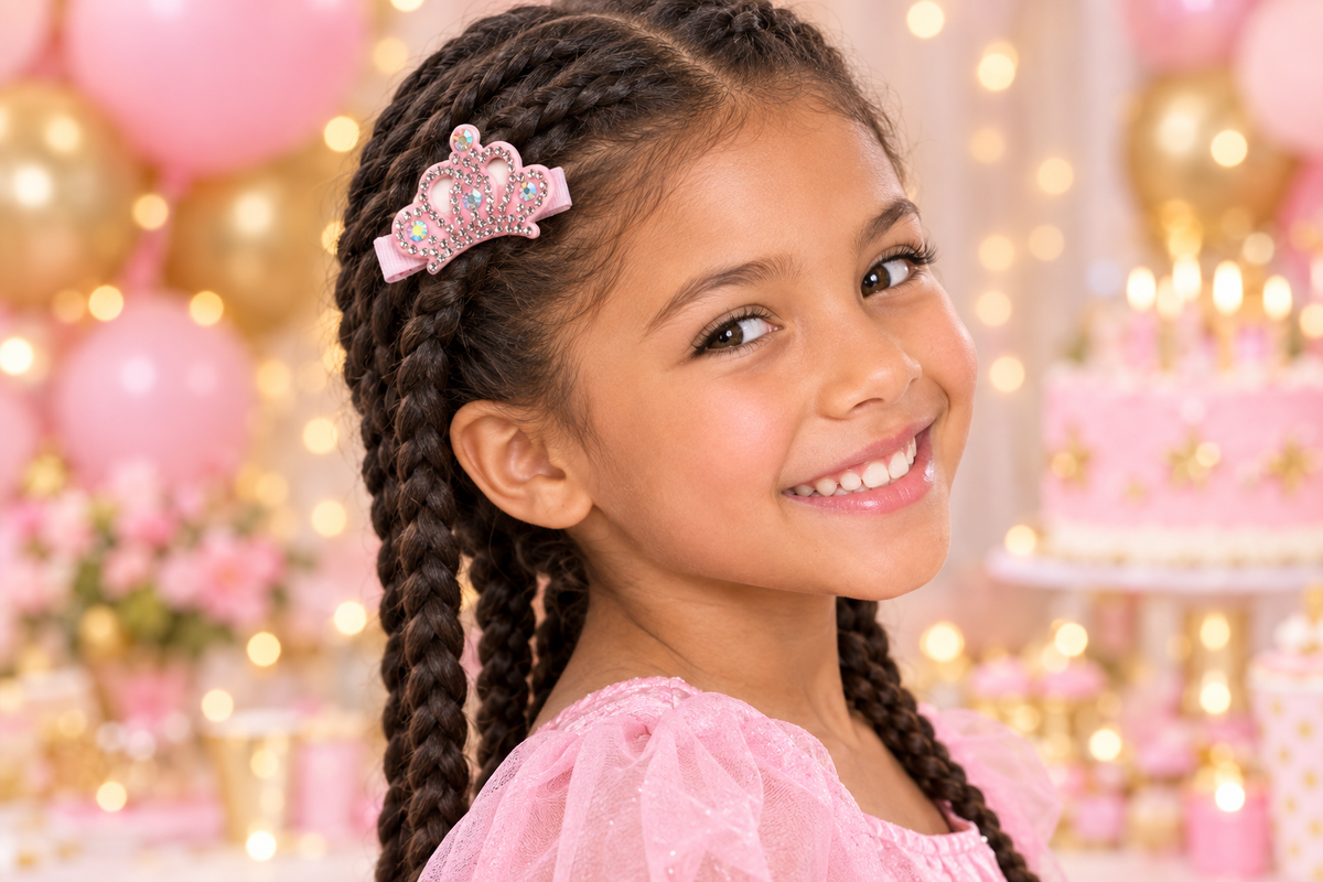 Festive lifestyle portrait featuring the Pink Crown Clip in a girl’s braids