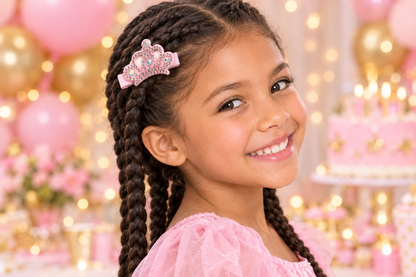 Festive lifestyle portrait featuring the Pink Crown Clip in a girl’s braids