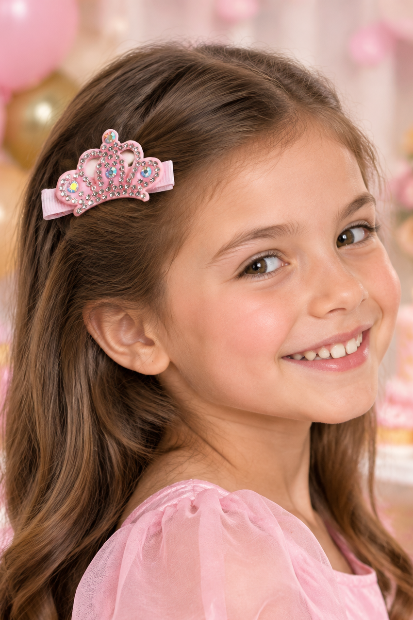 Girl wearing the pink crown hair clip at a party