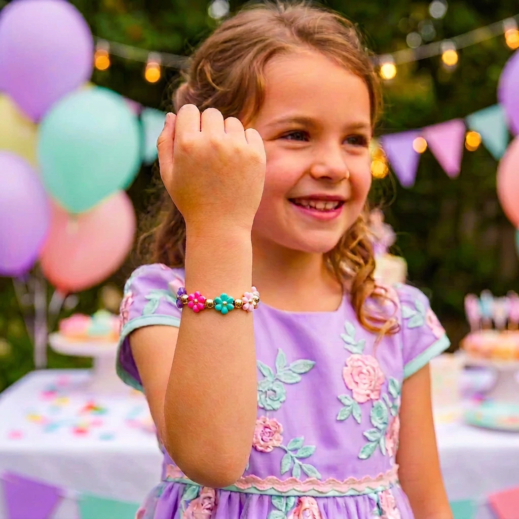 Girl wearing a colorful butterfly bead bracelet at a festive pastel party