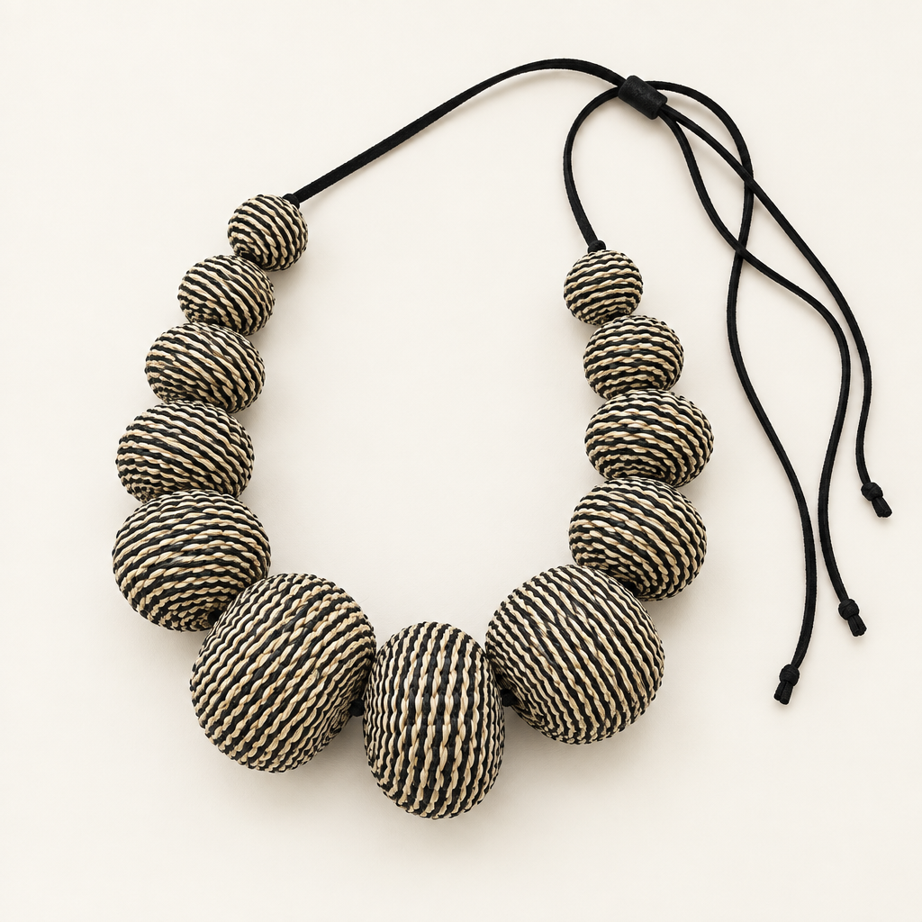 Black & Cream Handwoven Iraca Statement Necklace
