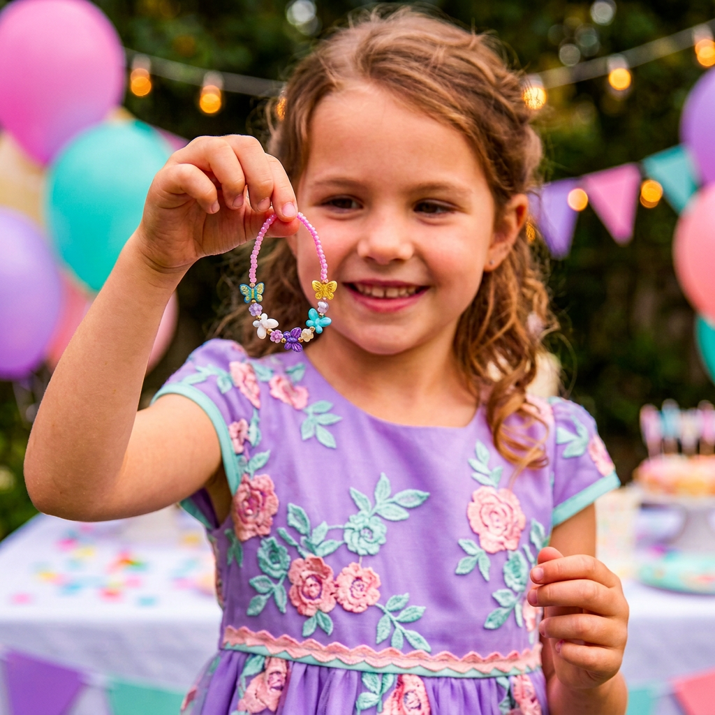 Girl smiling as she holds up and admires a pastel butterfly bead bracelet at a festive party