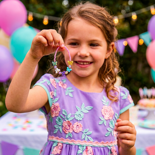 Girl smiling as she holds up and admires a pastel butterfly bead bracelet at a festive party