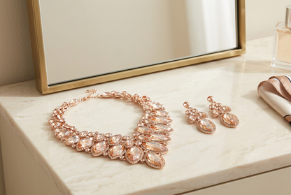 Jewelry set laid flat on an upscale dresser with an elegant mirror and no bedroom furniture