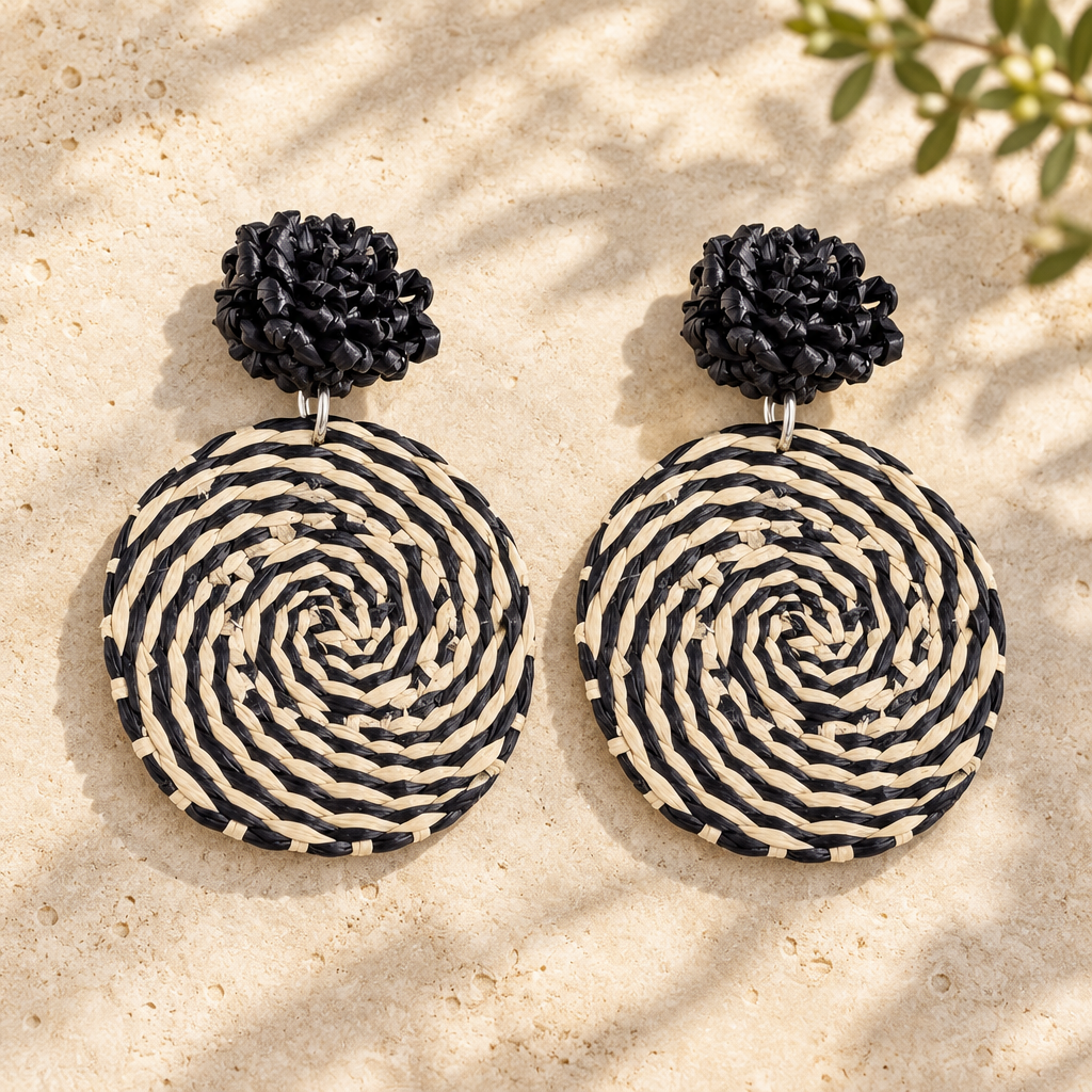 Matching woven earrings styled on ivory stone with garden shadows