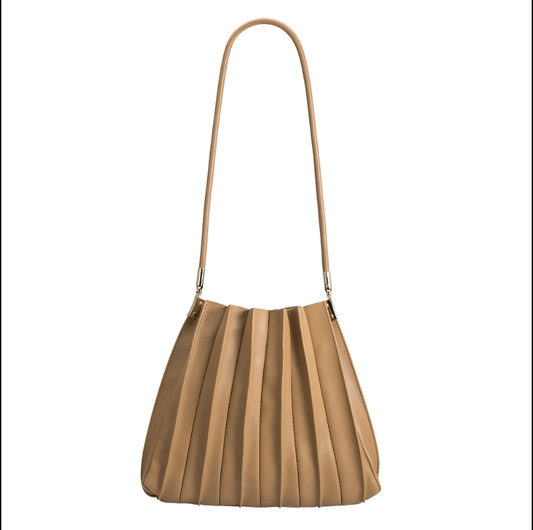 Carrie Taupe Pleated Vegan Shoulder Bag | Chic & Spacious | She She's Closet