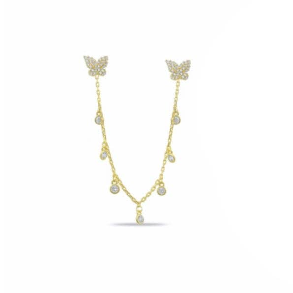 Double Butterfly Stud Chain Earring | Sterling Silver with Crystals