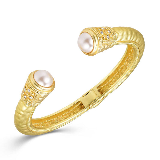 Gold Hammered Pearl End Bangle