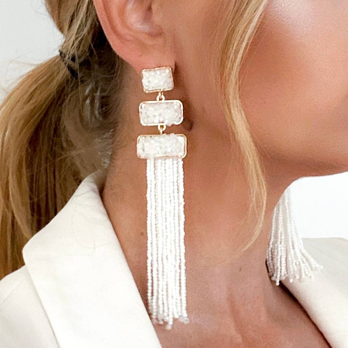 White Beaded Tassel Earrings