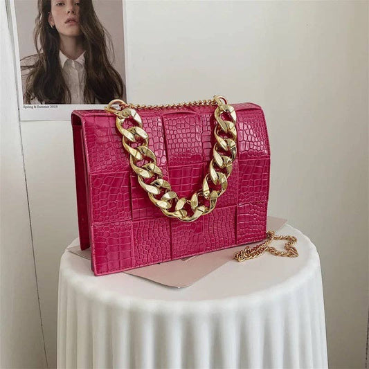 PINK CROC CROSSBODY WOVEN DETAILING EMBELLISHED CHAIN
