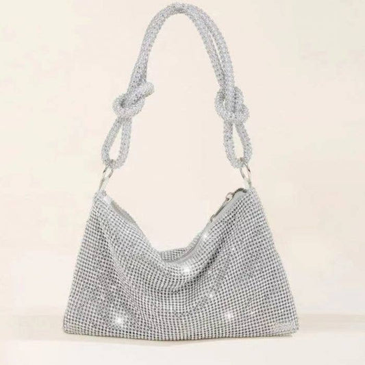 Soft Silver Crystal Slouch Handbag Double Knot Handle