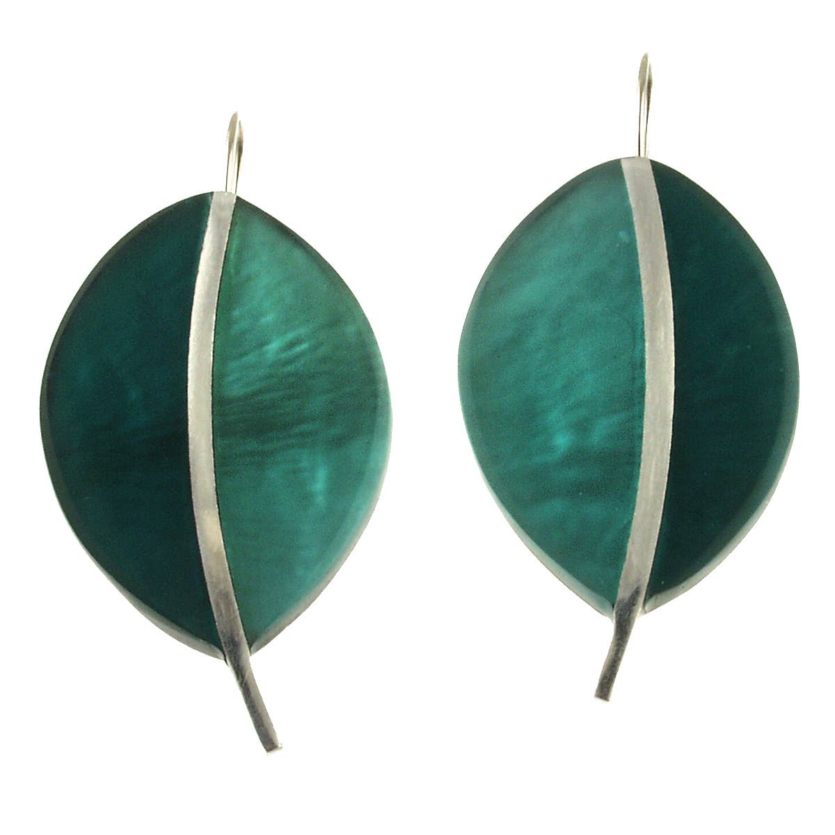 Two Tone Leaf Ear Earrings Green Black Silver Inlay