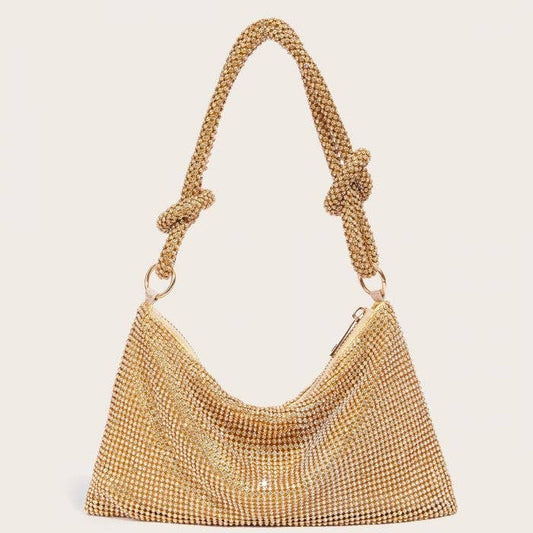 Gold Crystal Slouchy Evening Bag Double Knot Handle