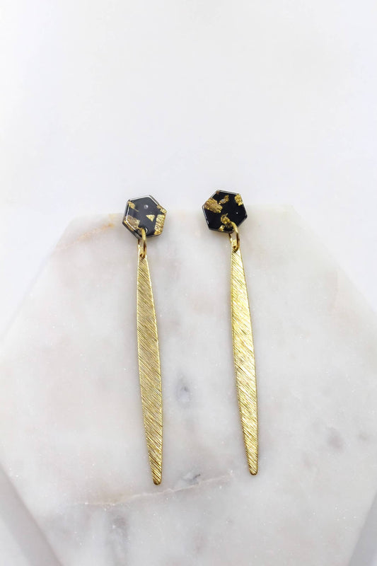 Black and Gold Confetti Hex Earrings | Designer Jewelry | She She's Closet