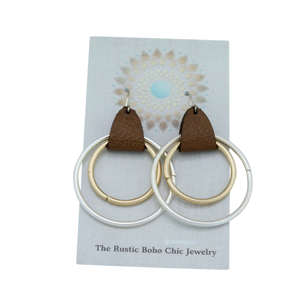 Silver and Gold Hoop Earring with Brown Leather Strap