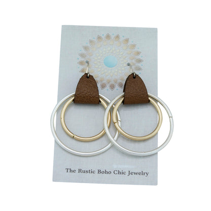 Mixed Metal Hoop Earrings with Brown Leather Straps