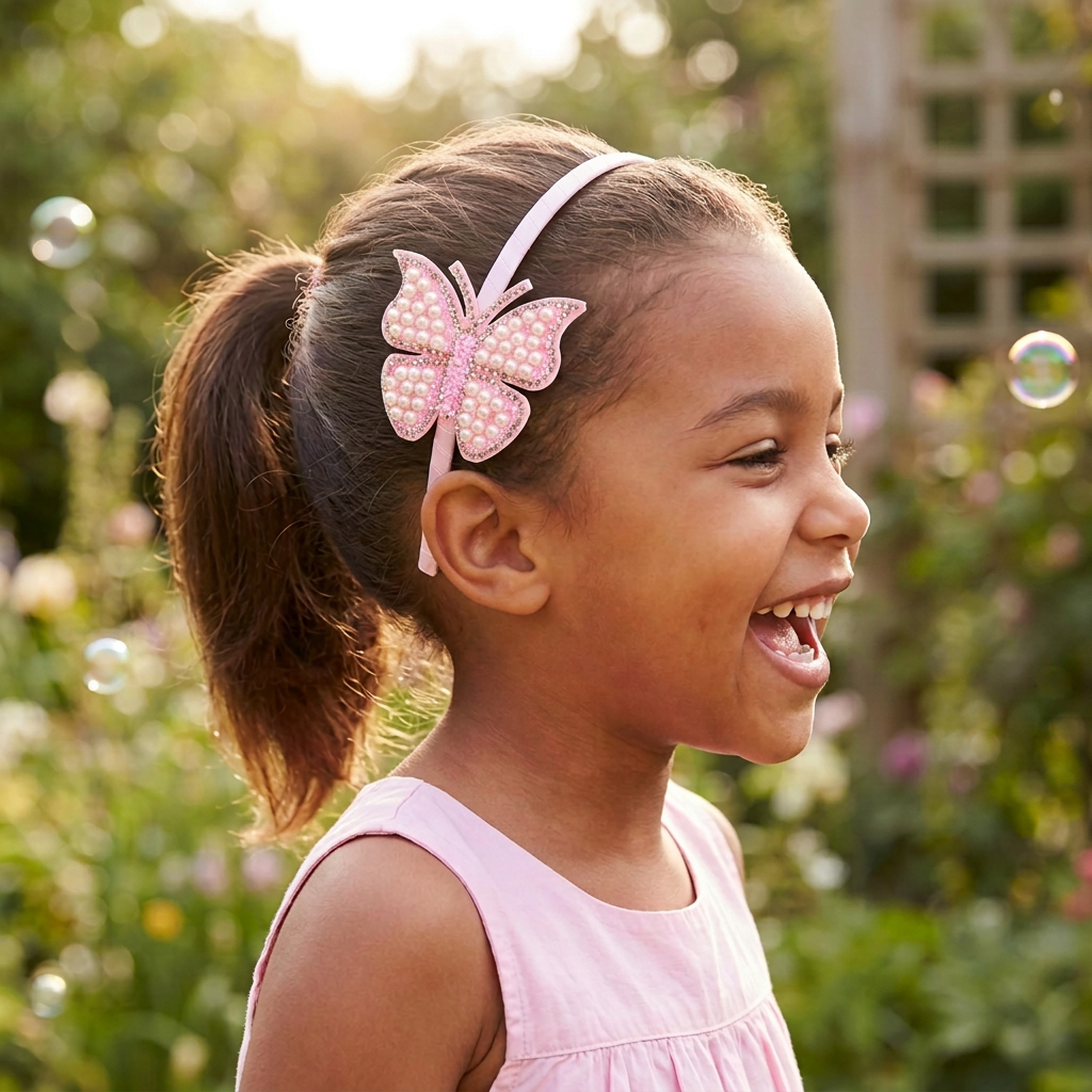 Outdoor butterfly headband portrait with the object near her mouth removed