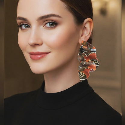 Sculptural Marbled Polymer Clay Statement Earring – Burnt Orange &amp; Zebra Swirl