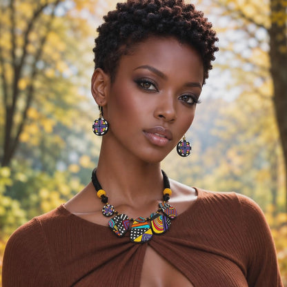 Handmade Multicolor Geometric Necklace Set Adjustable  Earthen Clay
