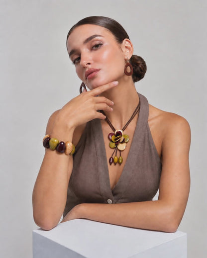 Tagua Adjustable Necklace in Brown, Green & Ivory | Vegan “Ivory” Floral Pendant