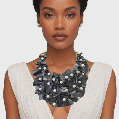Handcrafted Black and Pearl Bib Necklace Necklace