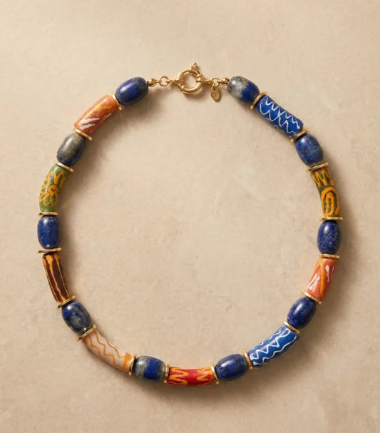 Lapis Lazuli & Ghana Glass Bead Necklace | Colorful Ghana Glass  Beads Wearable Art